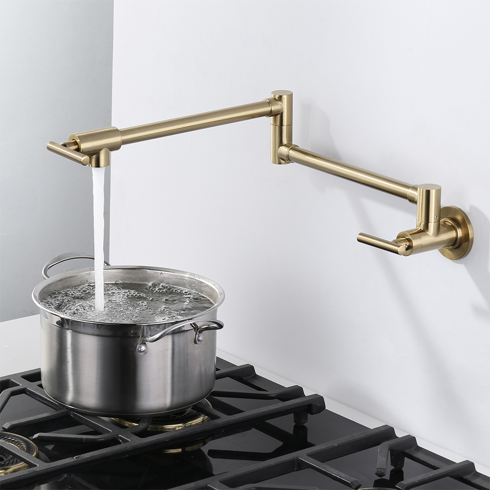 Pot Filler Faucet Wall Mount Folding - Goldener Wandmontierter Topffüller-Wasserhahn mit Klappbarem Doppelgelenk-Schwenkarm