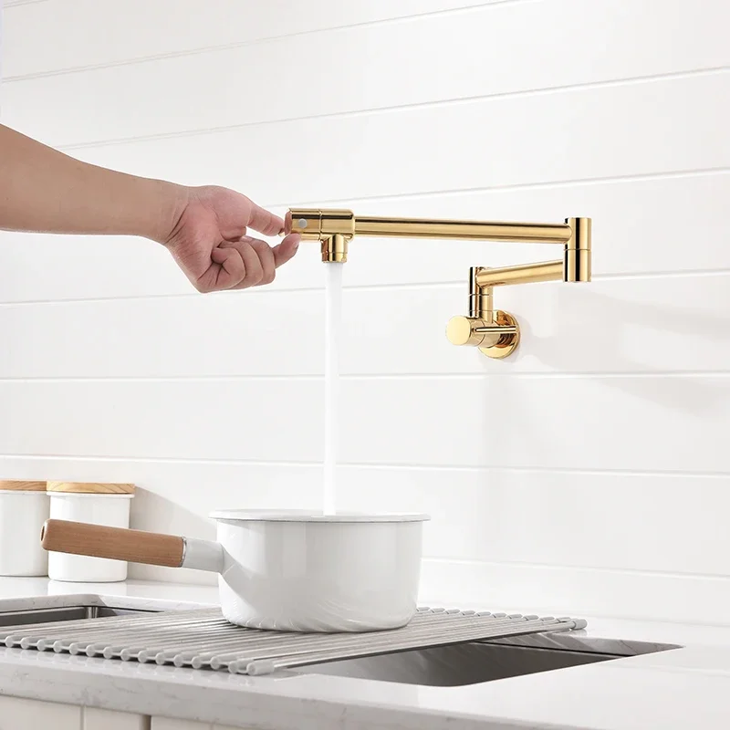 Pot Filler Faucet Wall Mount Folding - Wandmontierter, klappbarer Küchenarmatur, Einzel-Kaltwasserhahn, Einloch, goldener
