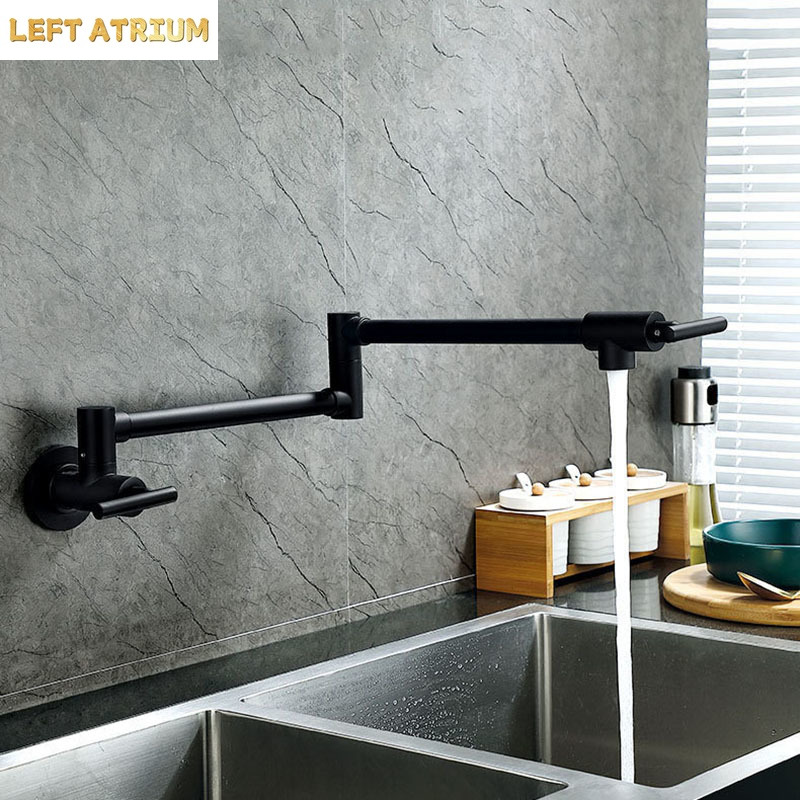 Pot Filler Faucet Wall Mount Folding - Schwarzer wandmontierter Topfwaschhahn, schwenkbarer, klappbarer Küchenarmatur,