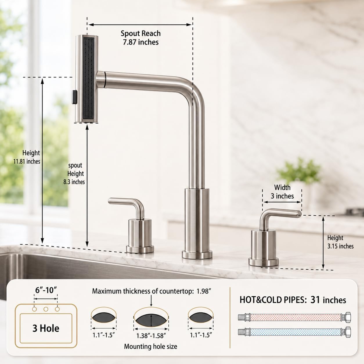 3-Loch-Küchenarmatur mit auszi – Pull Down Spray Kitchen Faucet Brushed Nickel Bewertung und Preis